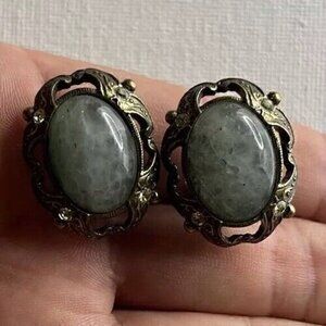 Vintage Moss Green Jade Clip On Earrings Oval Gold Tone White Stones Estate Pcs